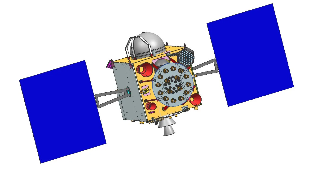 Technical rendering of an IRNSS NavIC navigation satellite with a gold-foil box-shaped body, antenna array and two large blue solar panels