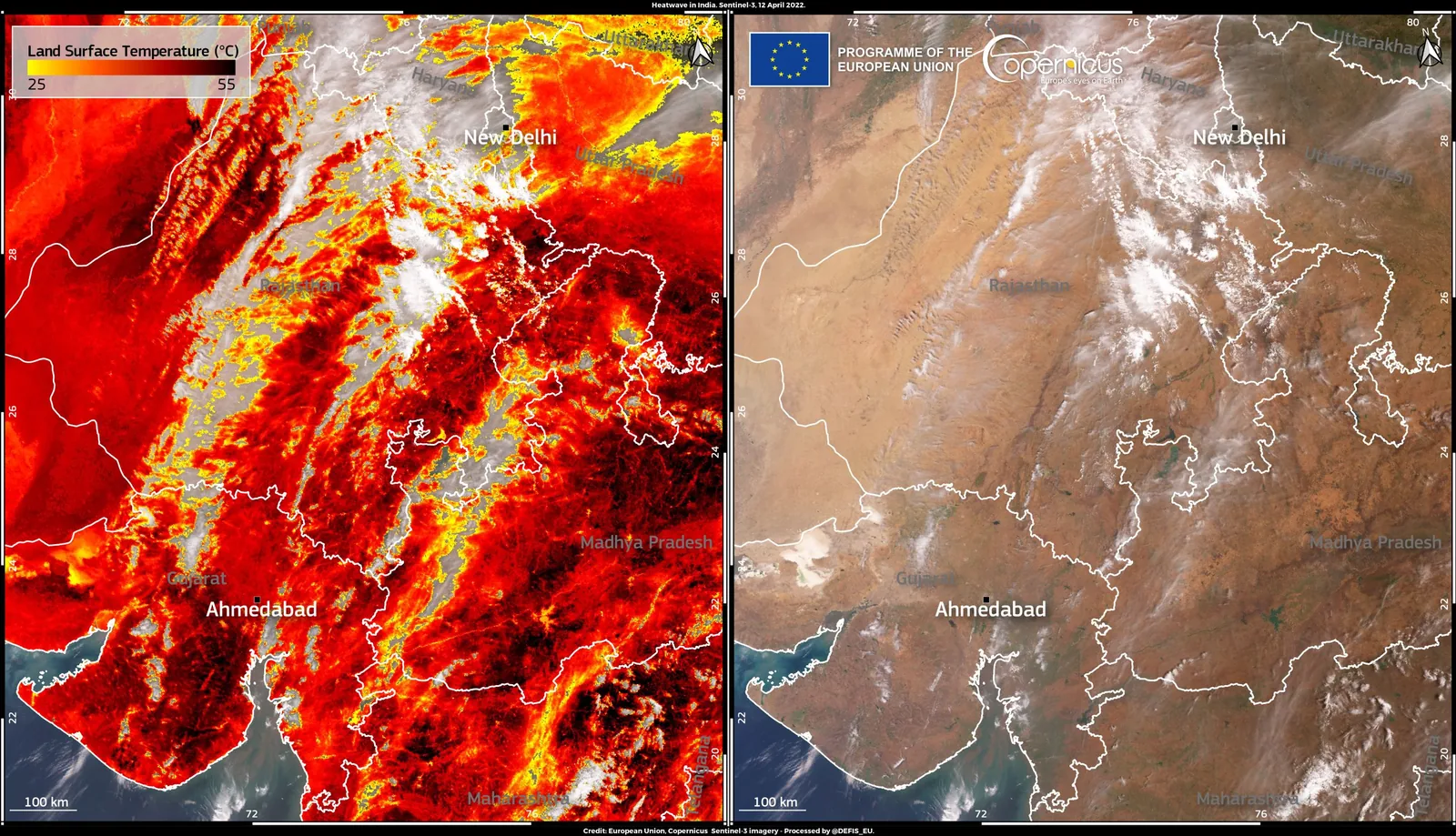 Satellite heat map of northwest India showing extreme land-surface temperatures during a heatwave