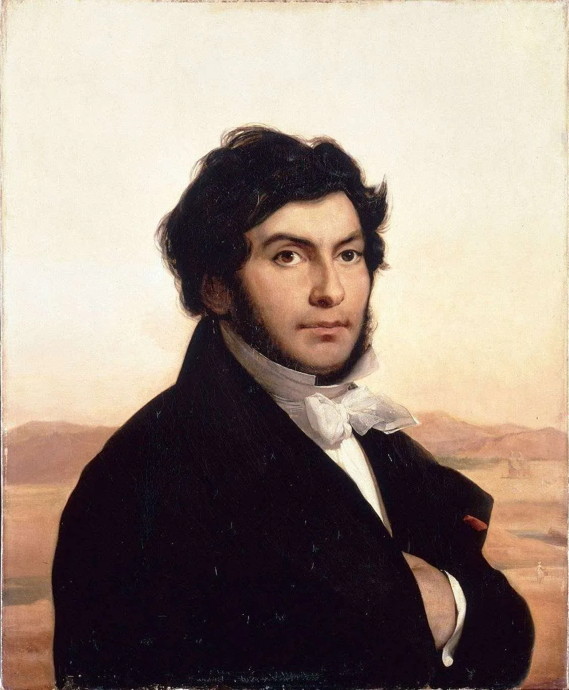 Painted portrait of Jean-François Champollion, a dark-haired man in a dark coat and white cravat