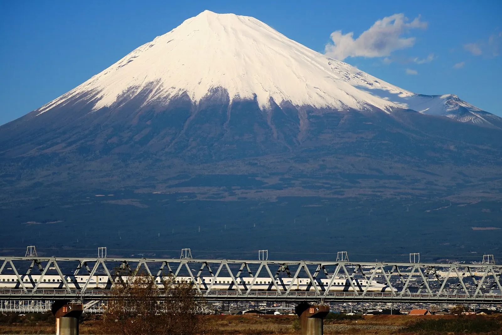 A Shinkansen N700 train crossing a bridge beneath snow-capped Mount Fuji