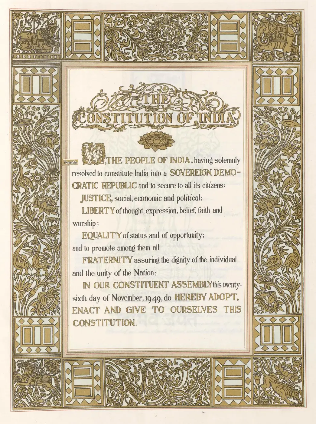 An ornately illuminated page from the original calligraphed Constitution of India