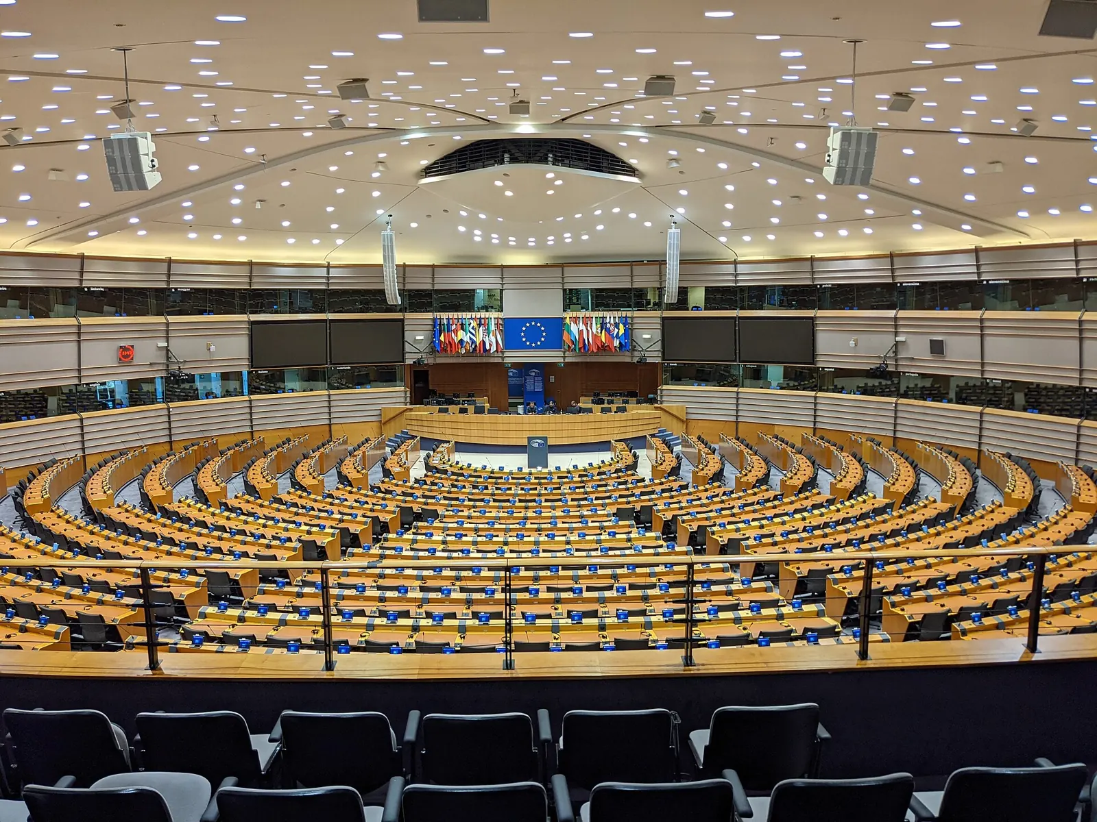 The semicircular plenary hemicycle of the European Parliament in Brussels