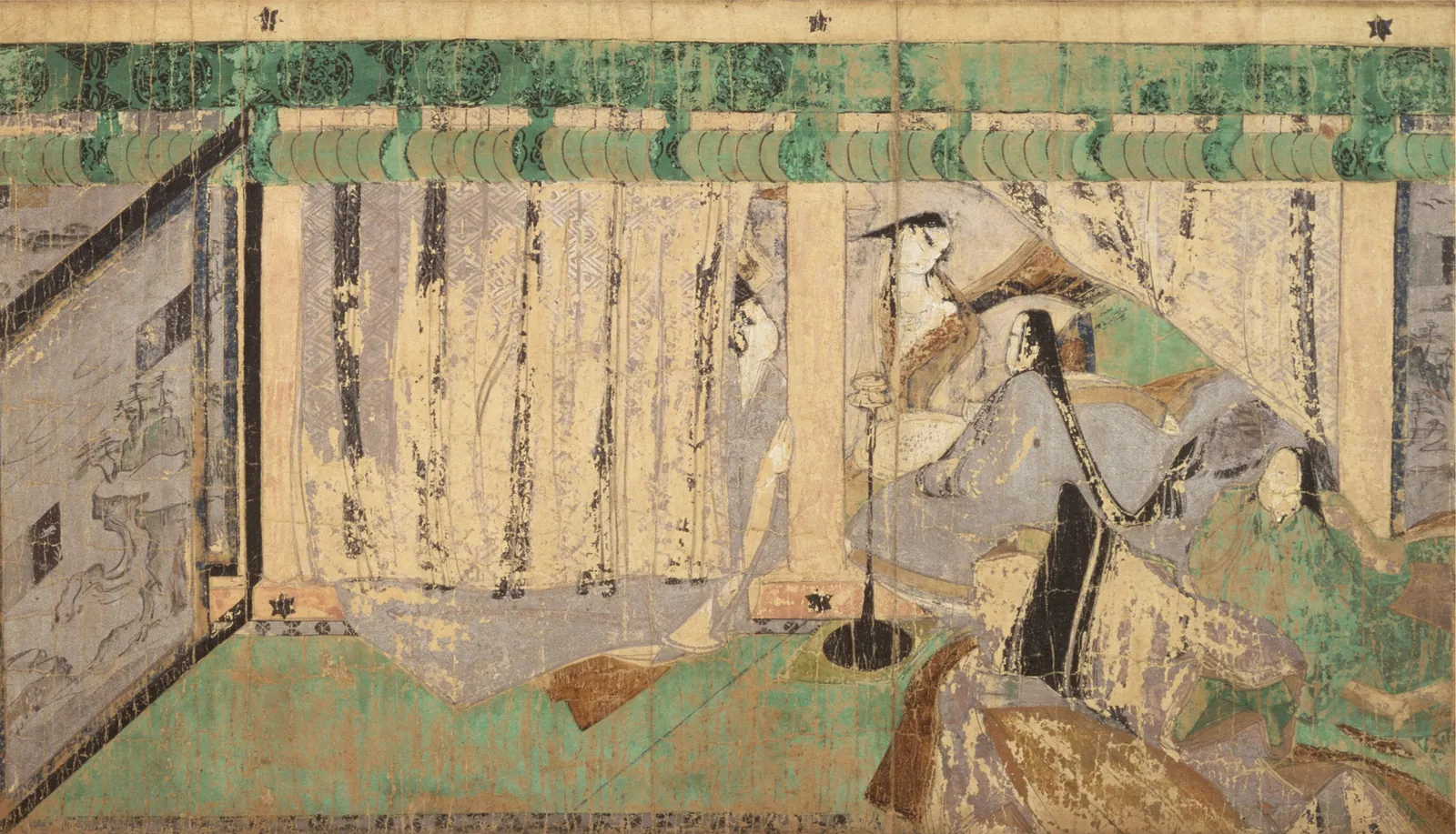 Twelfth-century Genji Monogatari Emaki painting of the Yokobue chapter, showing courtiers in a Heian palace interior