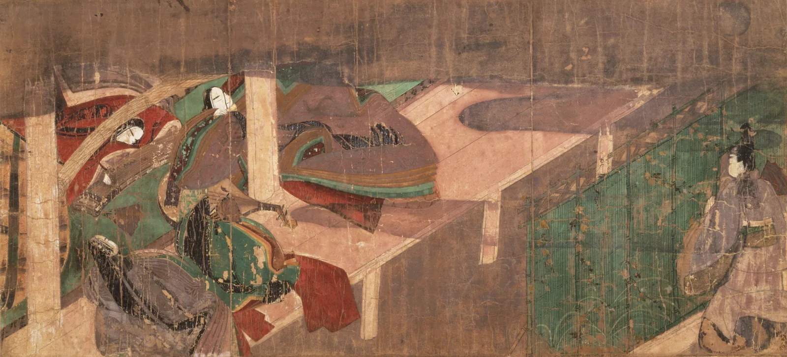 Twelfth-century Genji scroll painting of the Hashihime chapter with courtiers and musicians in a palace room