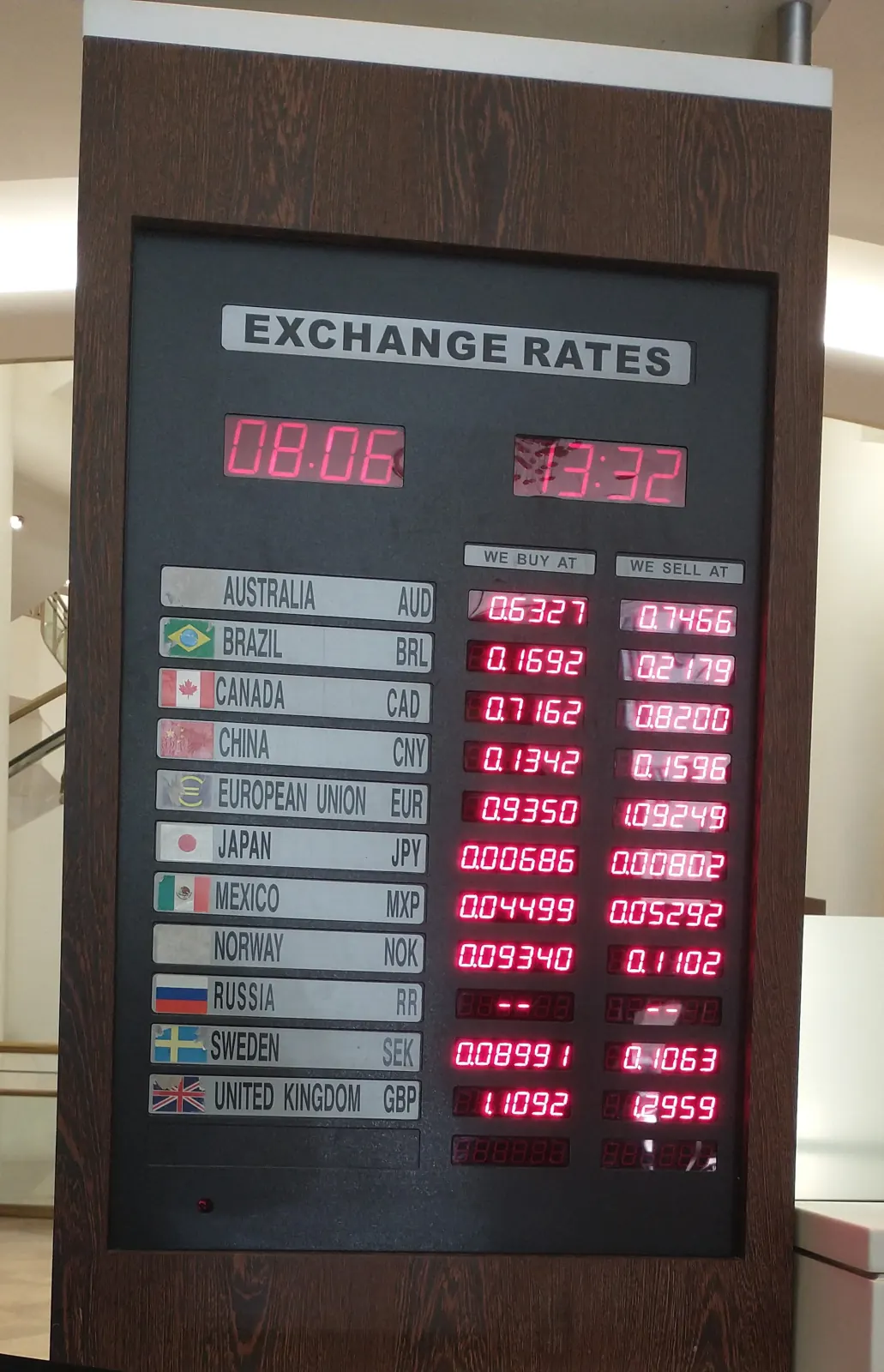 An electronic currency exchange-rate board listing buy and sell rates
