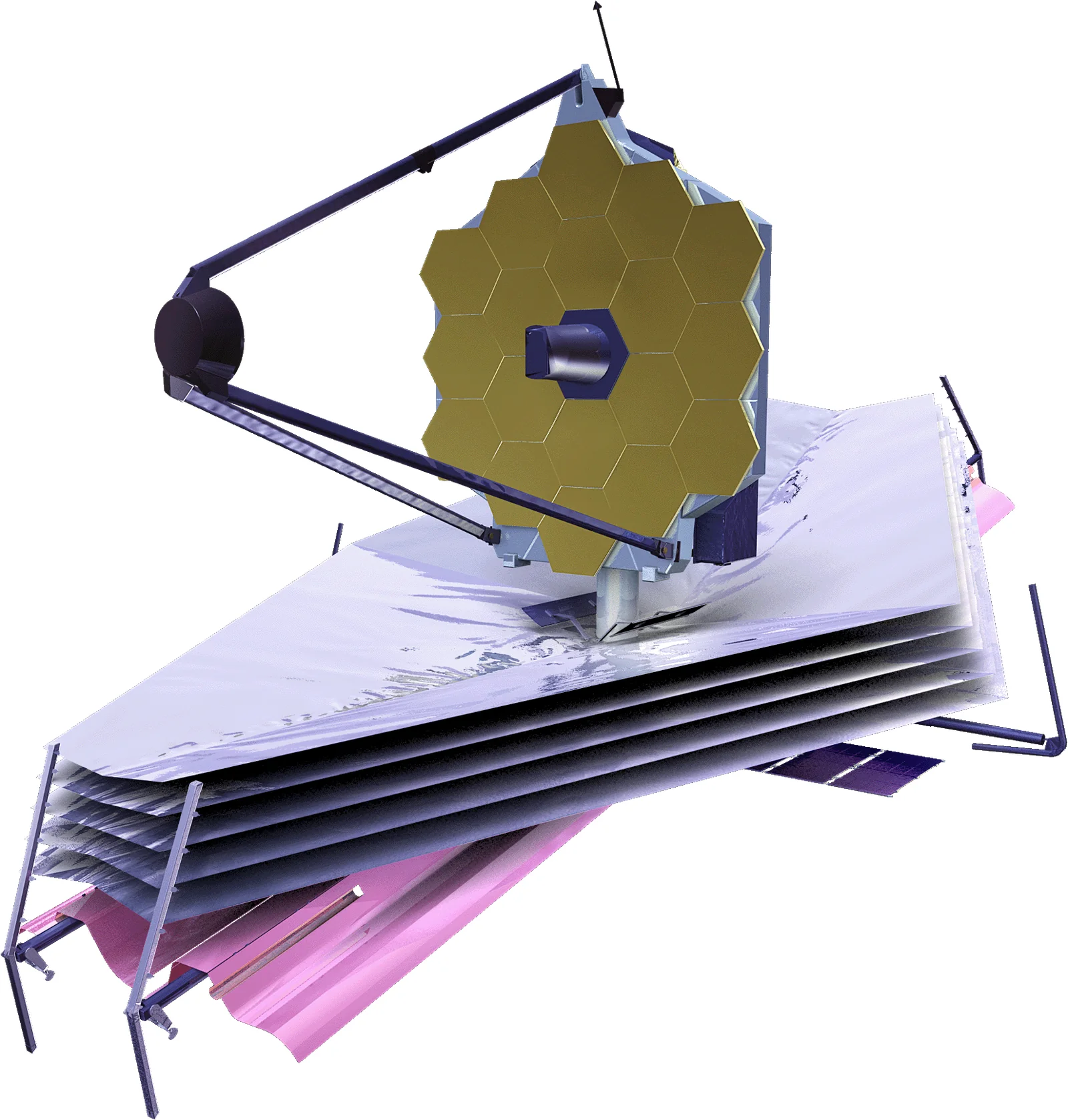 Artist concept of the James Webb Space Telescope with its gold hexagonal primary mirror and large layered sunshield fully deployed in space