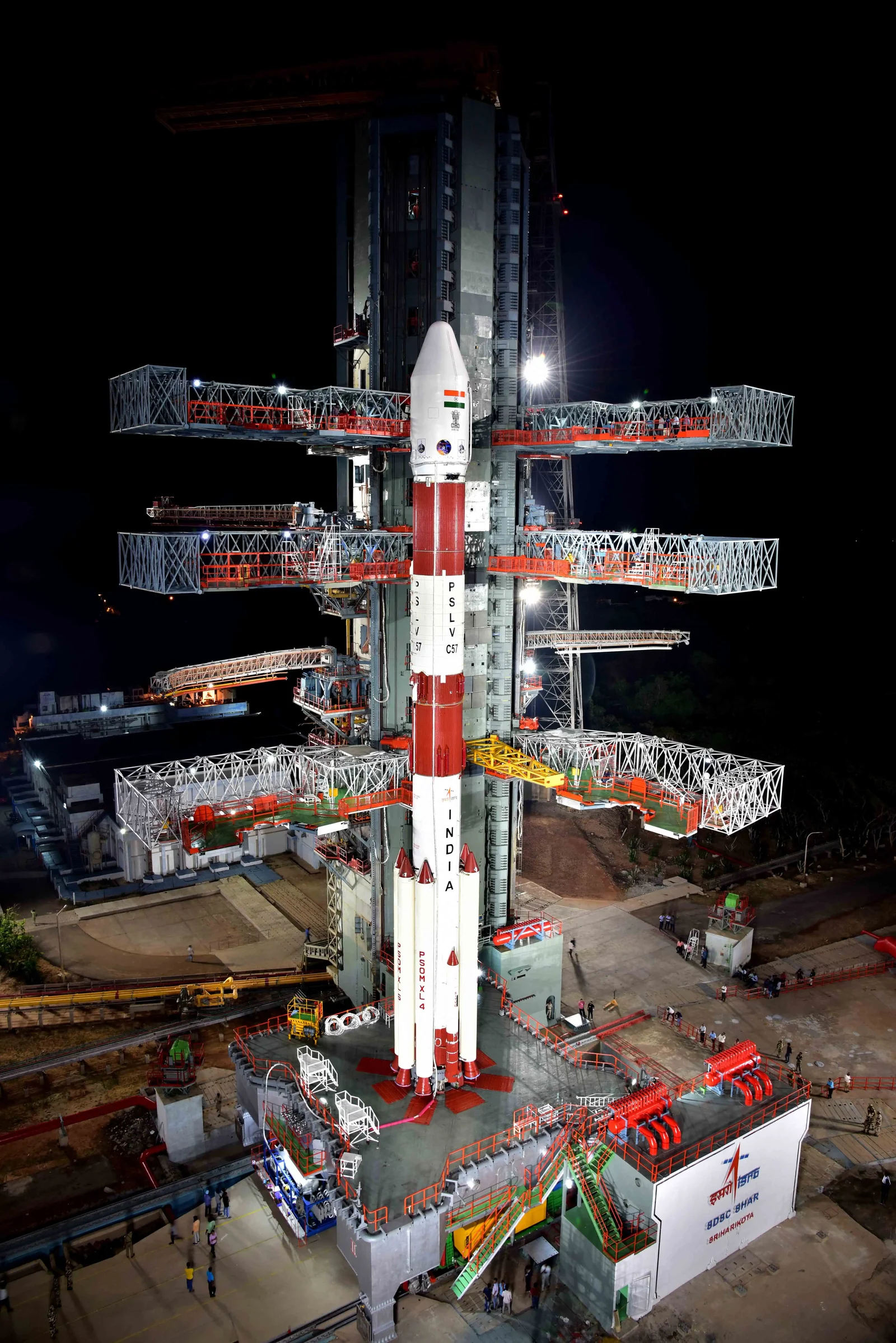 PSLV-C57 launch vehicle carrying Aditya-L1 being transferred on a transporter from the Vehicle Assembly Building toward the Second Launch Pad at Sriharikota
