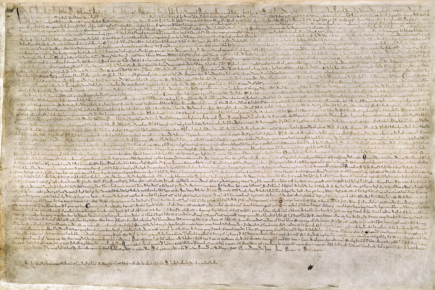 A 1215 exemplification of Magna Carta, a parchment covered in dense lines of medieval Latin script