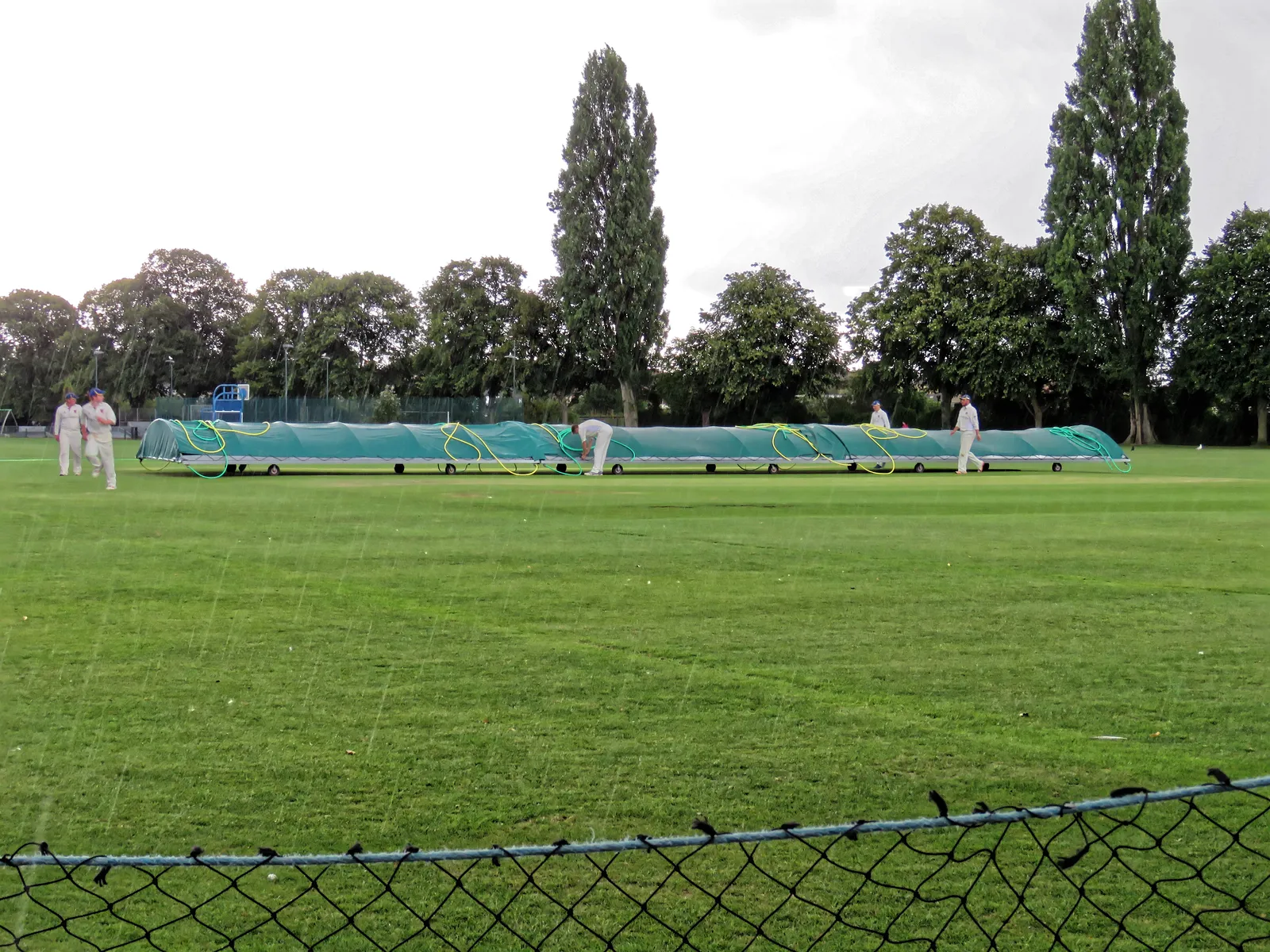 Club cricketers in whites watching as a long green mobile cover on wheels is pulled over the pitch during a rain shower on an English ground lined with tall trees