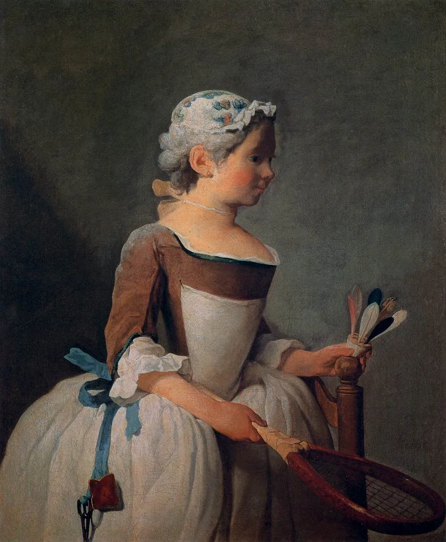 Eighteenth-century oil painting of a young girl in a white cap and brown bodice holding a feathered shuttlecock in one hand and a long-handled racket in the other