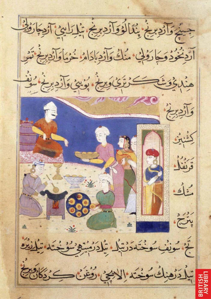 A 15th century Persian manuscript painting of cooks preparing samosas in a garden while a servant offers a dish to the seated Sultan of Malwa, with Persian text above and below