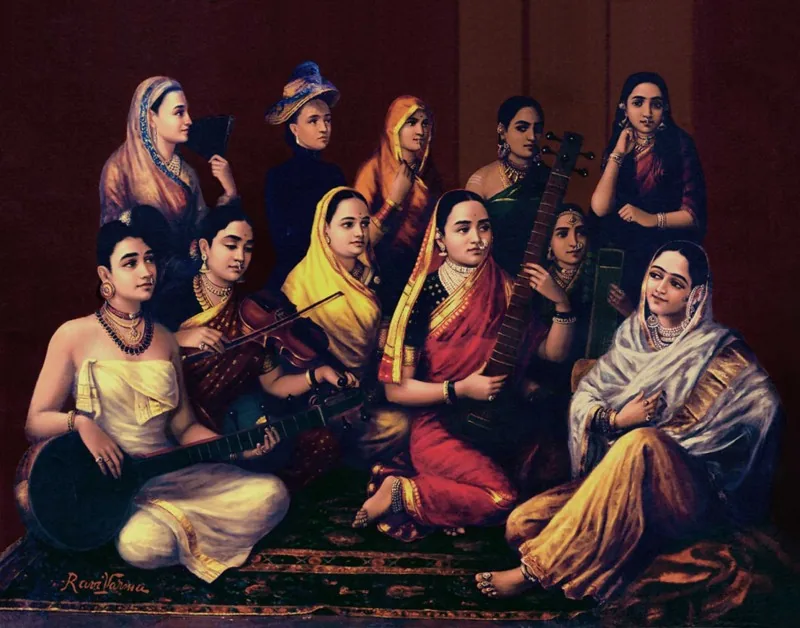 Raja Ravi Varma oil painting showing Indian women musicians in different regional sari and draped styles, seated with instruments