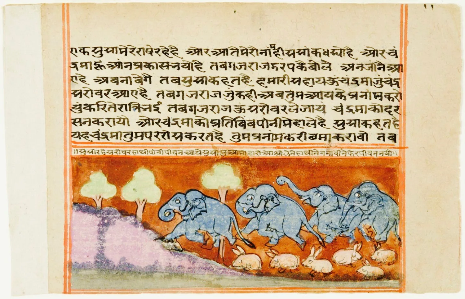 Eighteenth-century Indian manuscript painting of elephants trampling hares from a Panchatantra fable