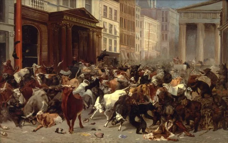 A crowded 19th-century painting of bulls and bears stampeding and fighting in the street outside the New York Stock Exchange