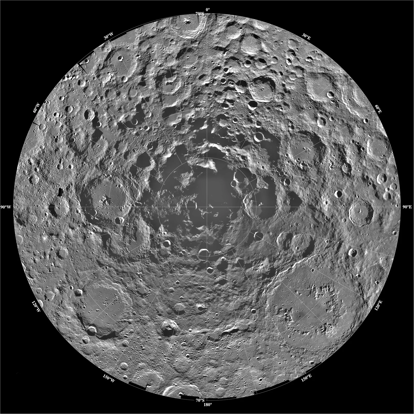 Orthographic view of the Moon's south polar region showing cratered terrain and dark shadowed basins near the pole