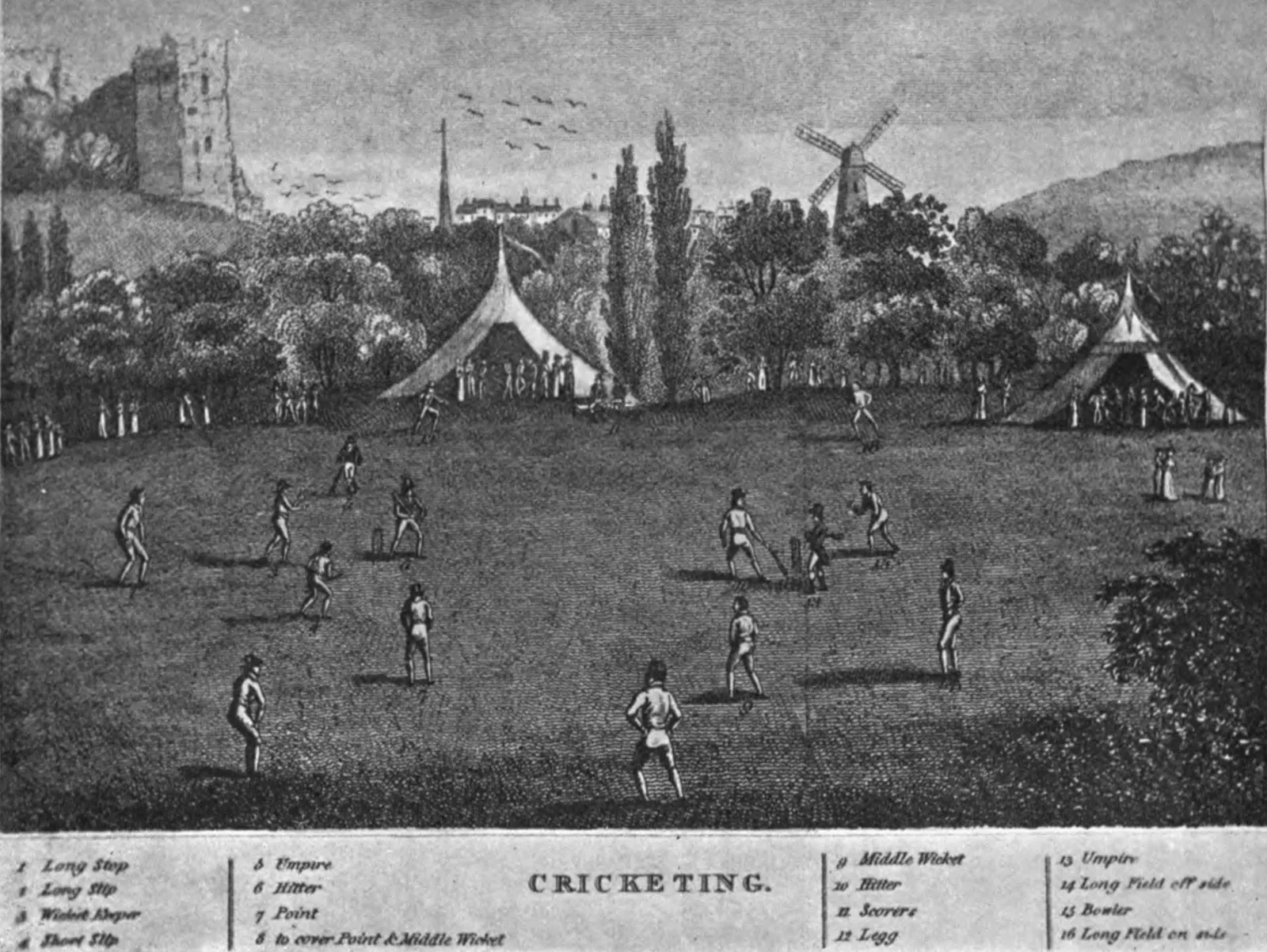 Early nineteenth-century engraving of a cricket match on an open field at Lewes in Sussex, with spectators, tents and a windmill in the background