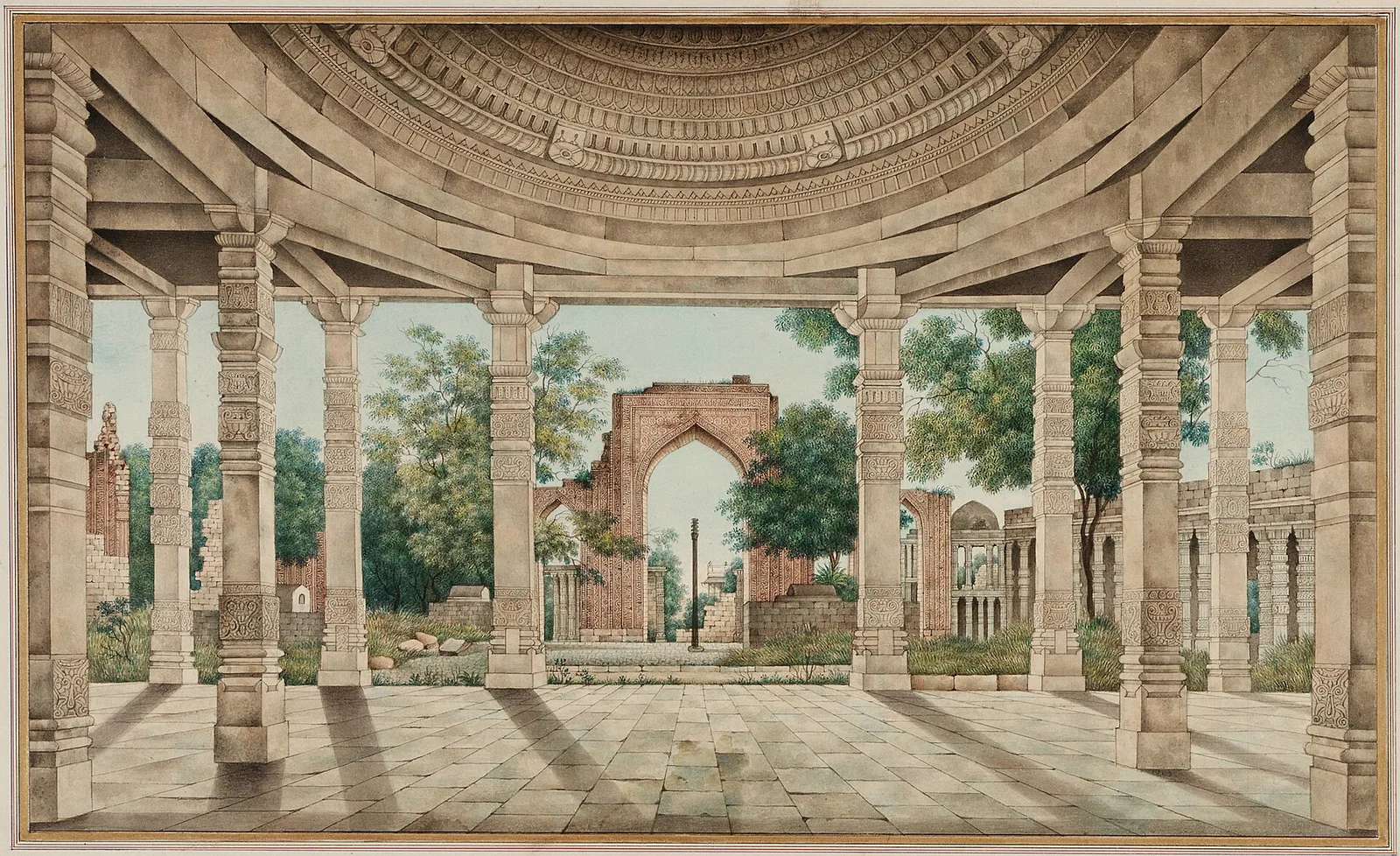 Mid-nineteenth century Indian painting looking out from a cool pillared stone pavilion onto the ruined courtyard of the Quwwat-ul-Islam mosque, with the dark iron pillar standing in the distance among trees