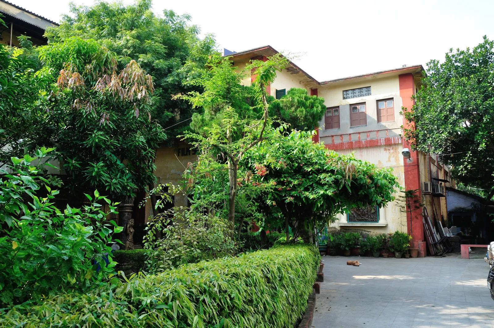 A two-storey studio building in Tollygunge, Kolkata, partly hidden behind trees and a trimmed green hedge, with a paved courtyard in front