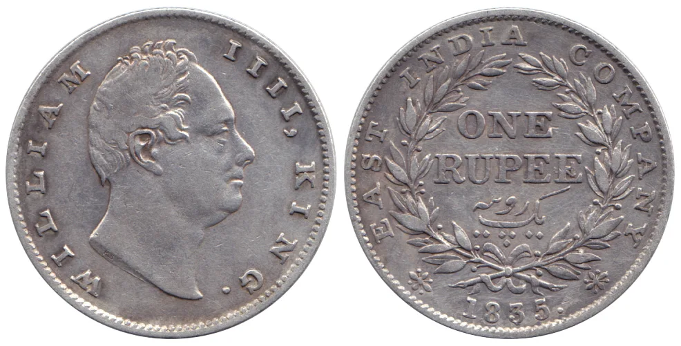 Both sides of an 1835 East India Company silver rupee: King William IV's portrait on one side, and ONE RUPEE in English and Persian inside a wreath on the other