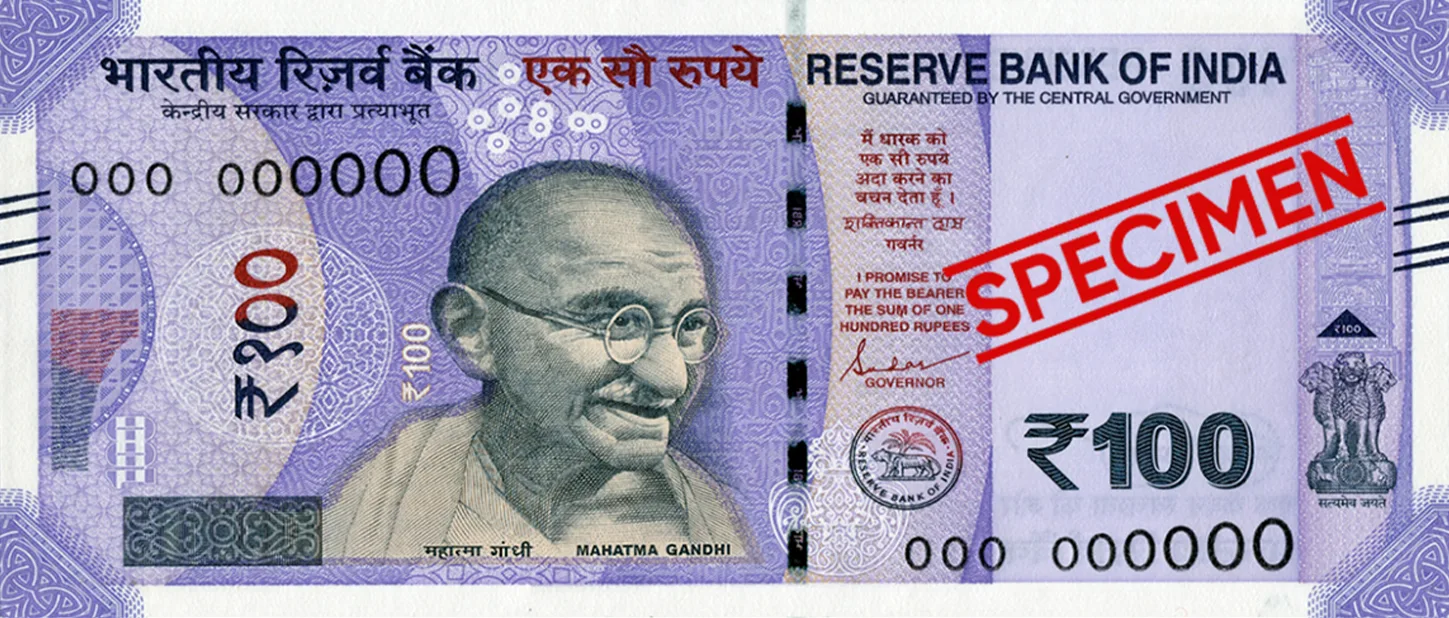 The front of a lavender ₹100 banknote from the Mahatma Gandhi New Series, with Gandhi's portrait and the ₹ symbol beside the numeral 100