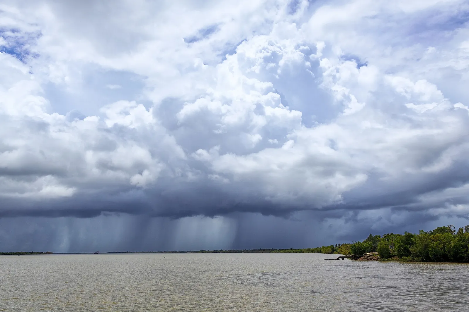 A towering grey and white cumulonimbus cloud over the Sundarbans in West Bengal, with dark rain shafts falling onto wide brown water and a line of mangroves on the right
