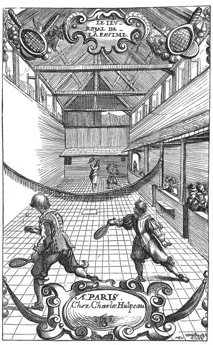 Seventeenth-century engraving of players with rackets on an indoor jeu de paume court with a sloping penthouse roof and spectator gallery