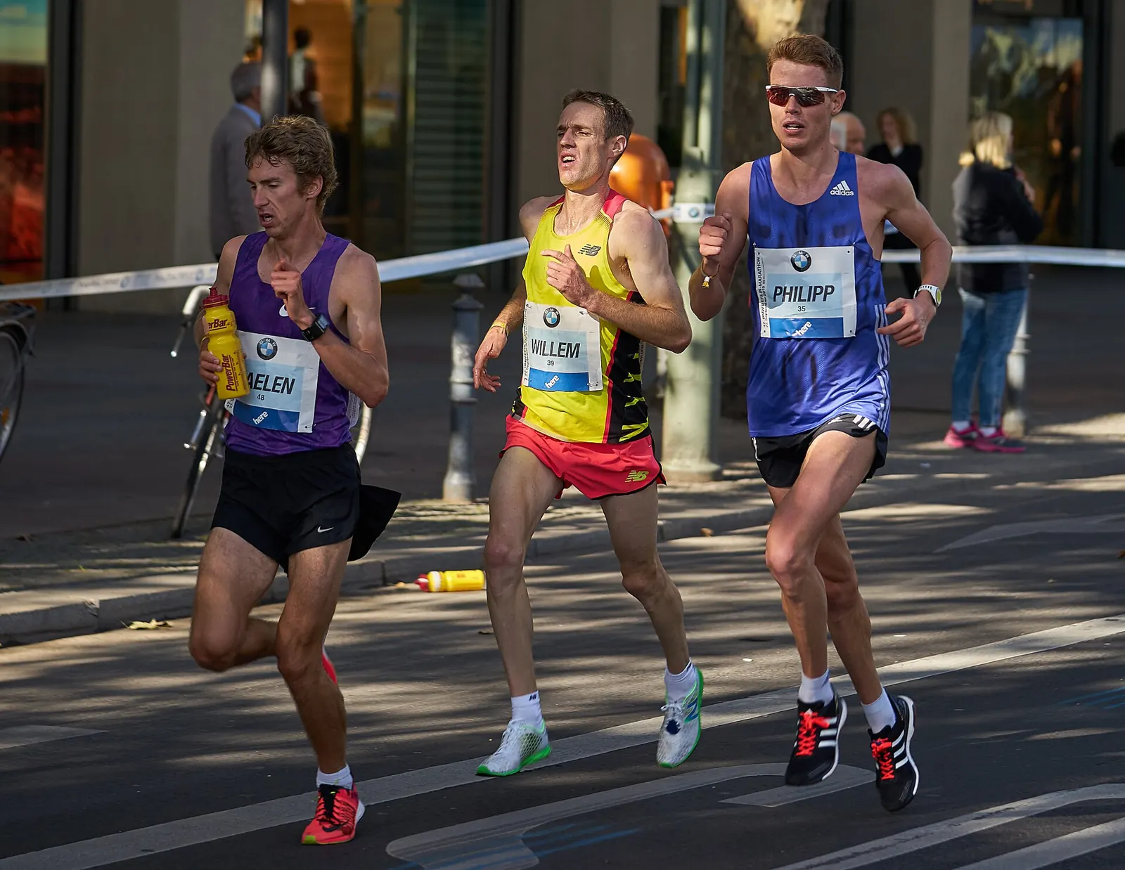 Elite runners racing through the streets in the Berlin Marathon